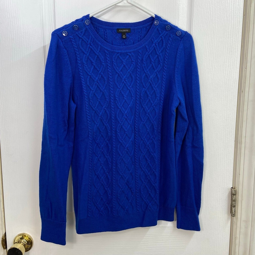 Talbots electric blue cable knit button lambswool soft knit crewneck sweater M
